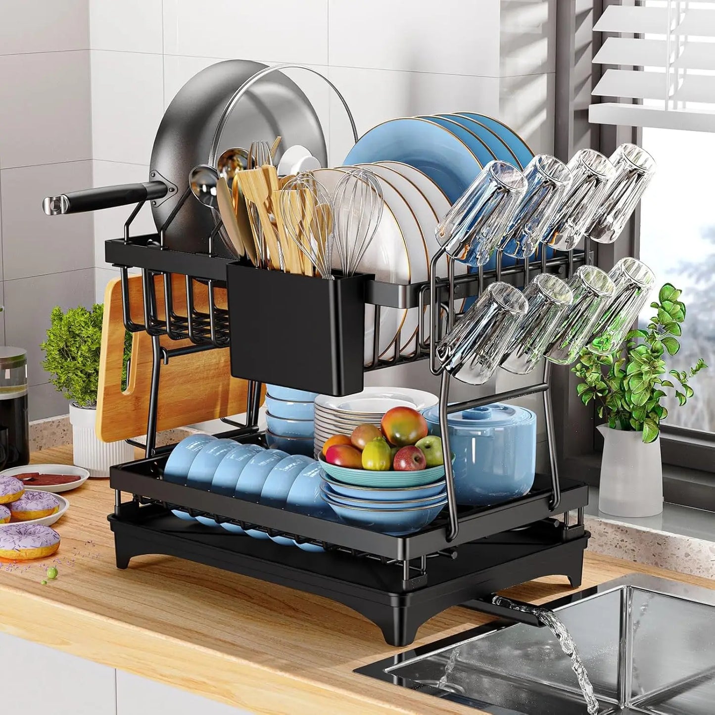 2 Tier Dish Drying Rack with Drip Tray | Countertop Kitchen Organizer