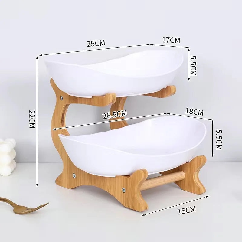 3-Tier Fruit Plate & Dessert Stand with Bamboo Wood Rack