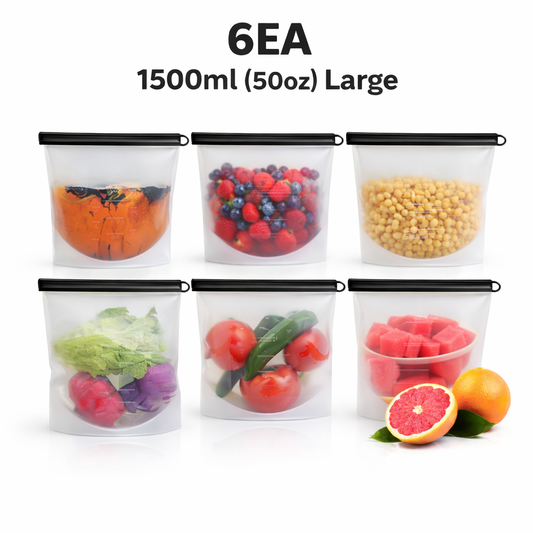 (6pc)Reusable Silicone Food Storage Bags 50oz Leakproof Freezer Microwave safe