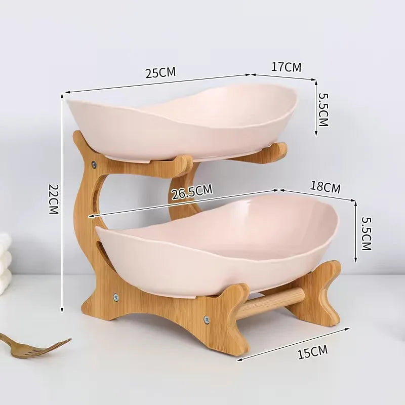 3-Tier Fruit Plate & Dessert Stand with Bamboo Wood Rack
