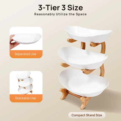 3-Tier Fruit Plate & Dessert Stand with Bamboo Wood Rack