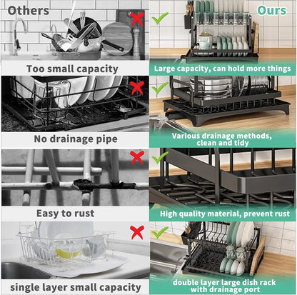 2 Tier Dish Drying Rack with Drip Tray | Countertop Kitchen Organizer