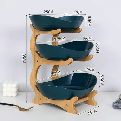 3-Tier Fruit Plate & Dessert Stand with Bamboo Wood Rack