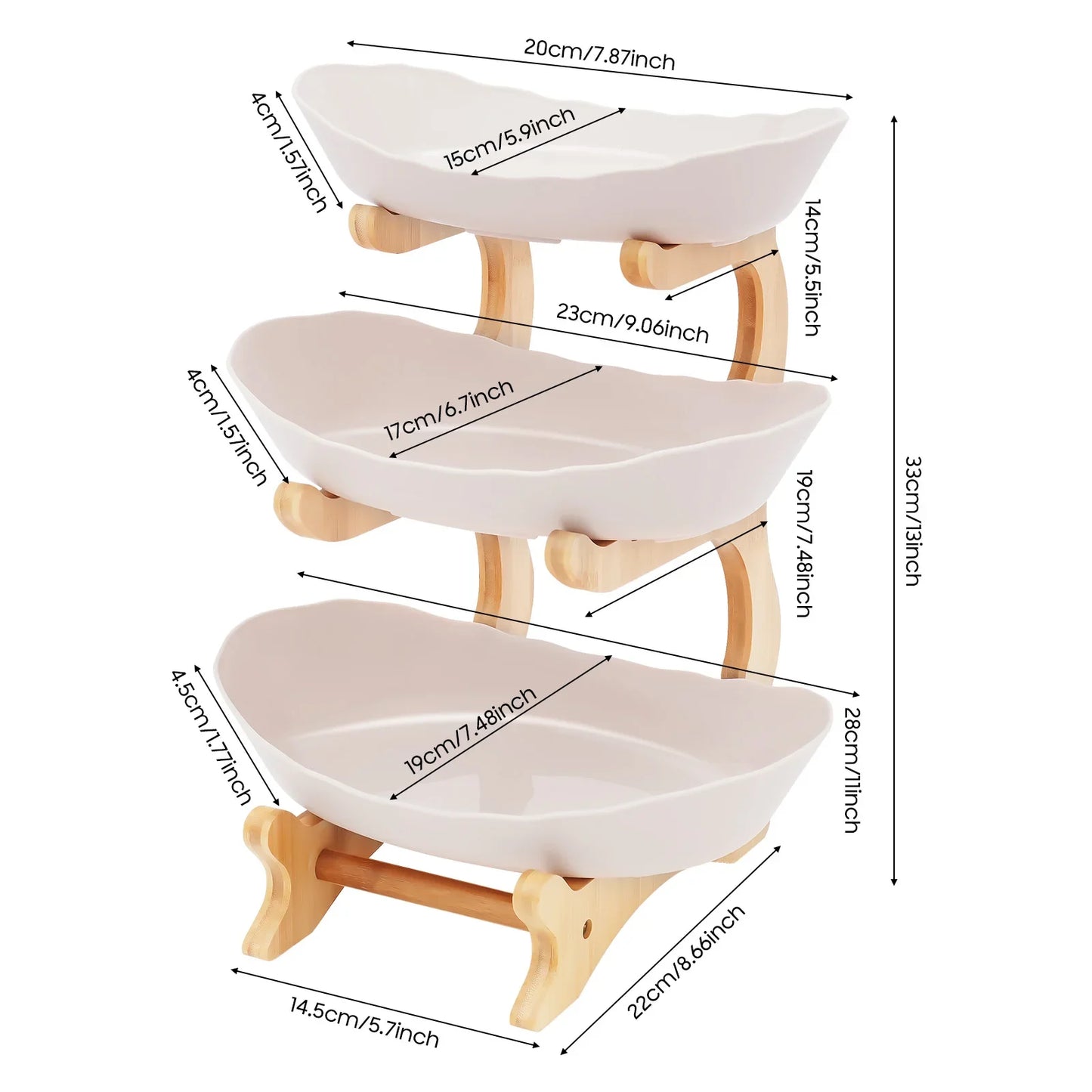 3-Tier Fruit Plate & Dessert Stand with Bamboo Wood Rack