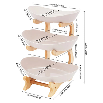 3-Tier Fruit Plate & Dessert Stand with Bamboo Wood Rack