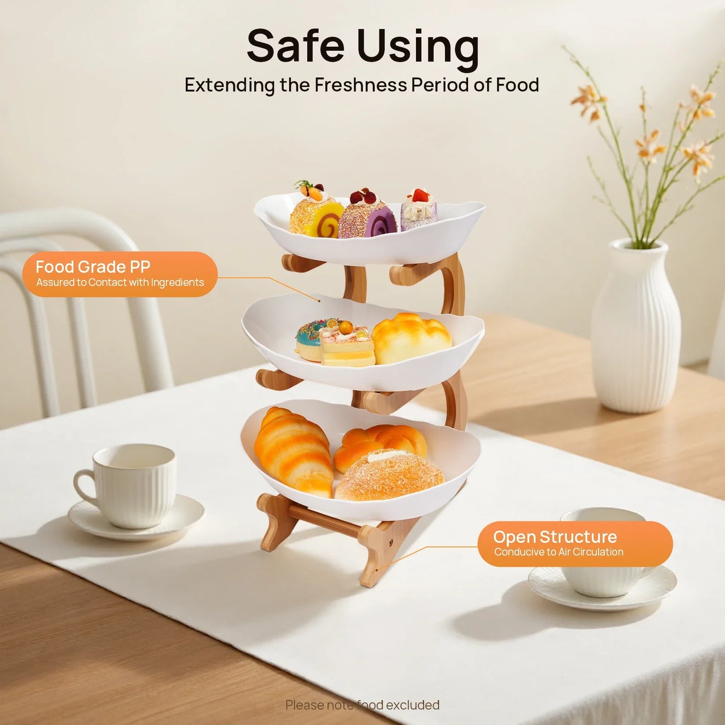3-Tier Fruit Plate & Dessert Stand with Bamboo Wood Rack