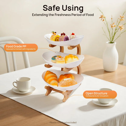 3-Tier Fruit Plate & Dessert Stand with Bamboo Wood Rack