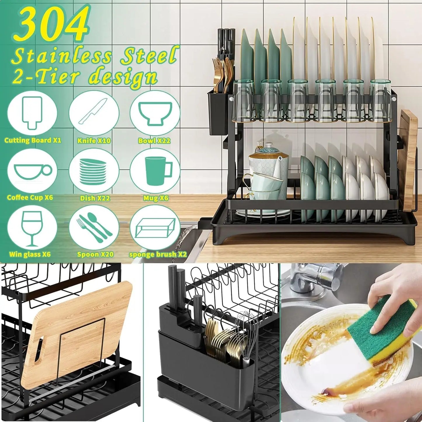 2 Tier Dish Drying Rack with Drip Tray | Countertop Kitchen Organizer
