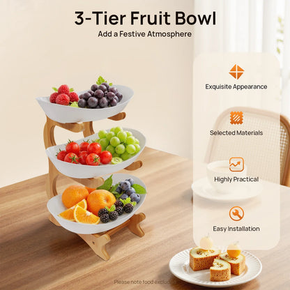 3-Tier Fruit Plate & Dessert Stand with Bamboo Wood Rack