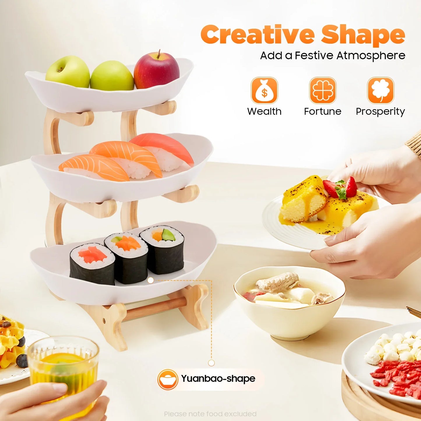 3-Tier Fruit Plate & Dessert Stand with Bamboo Wood Rack