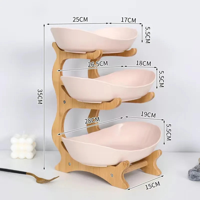 3-Tier Fruit Plate & Dessert Stand with Bamboo Wood Rack
