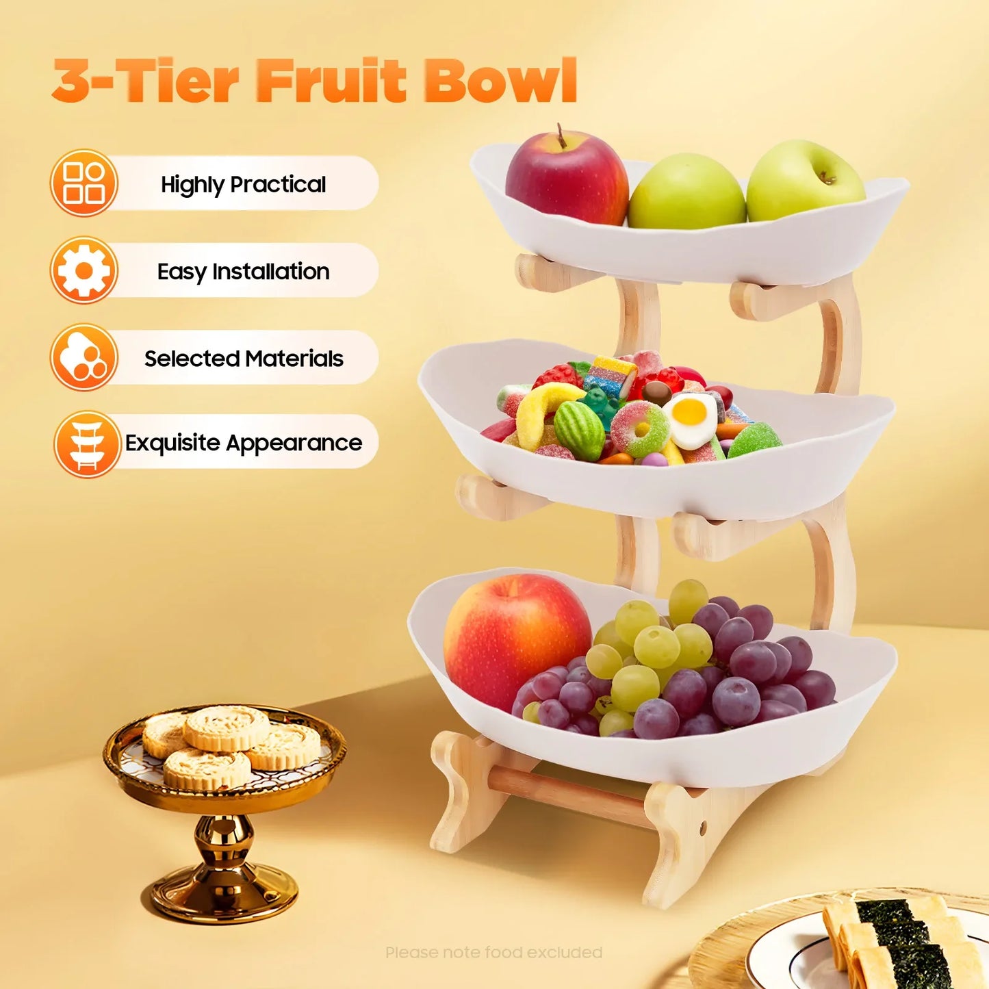 3-Tier Fruit Plate & Dessert Stand with Bamboo Wood Rack