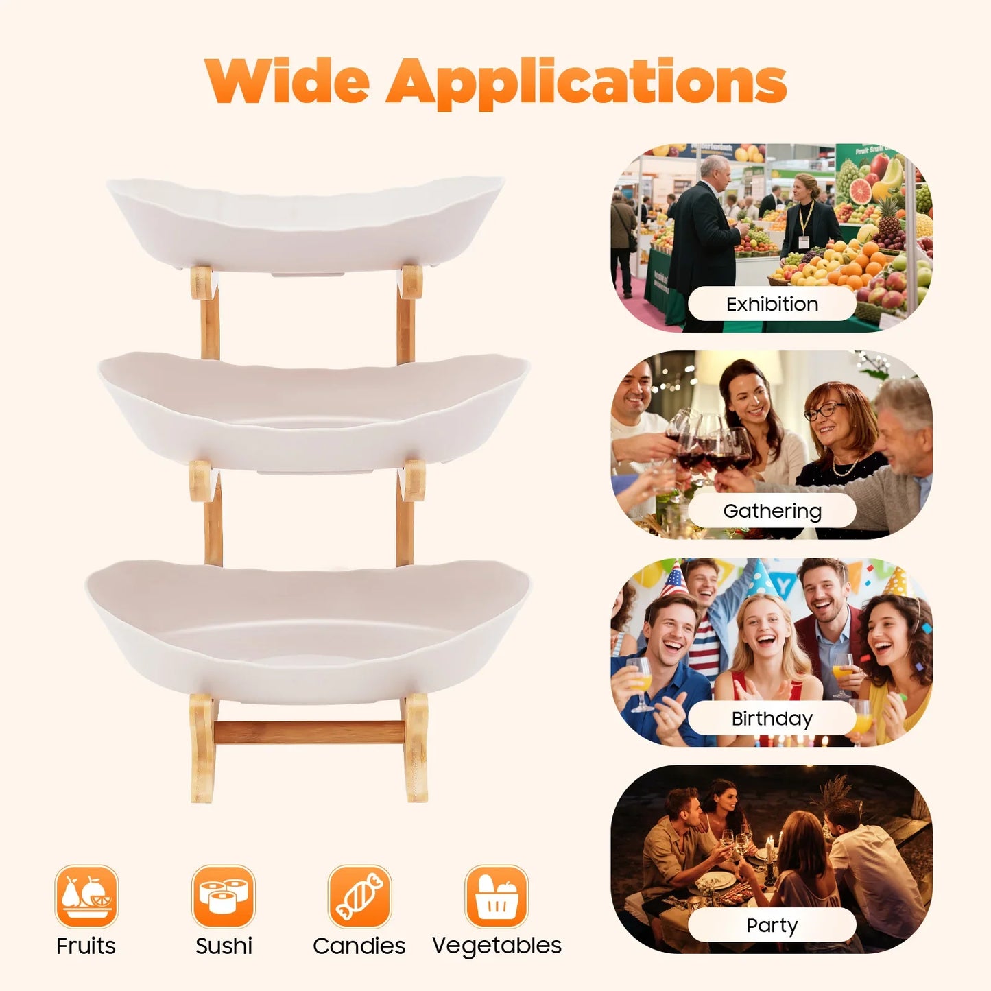 3-Tier Fruit Plate & Dessert Stand with Bamboo Wood Rack