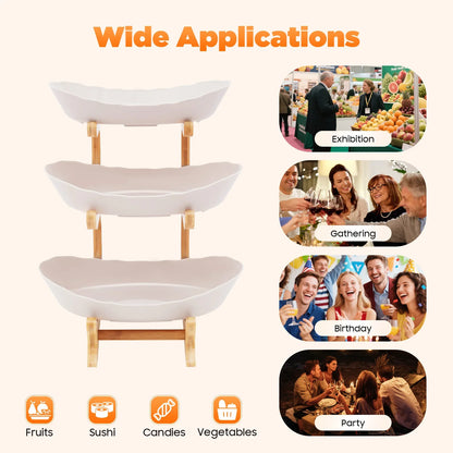 3-Tier Fruit Plate & Dessert Stand with Bamboo Wood Rack