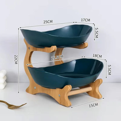 3-Tier Fruit Plate & Dessert Stand with Bamboo Wood Rack