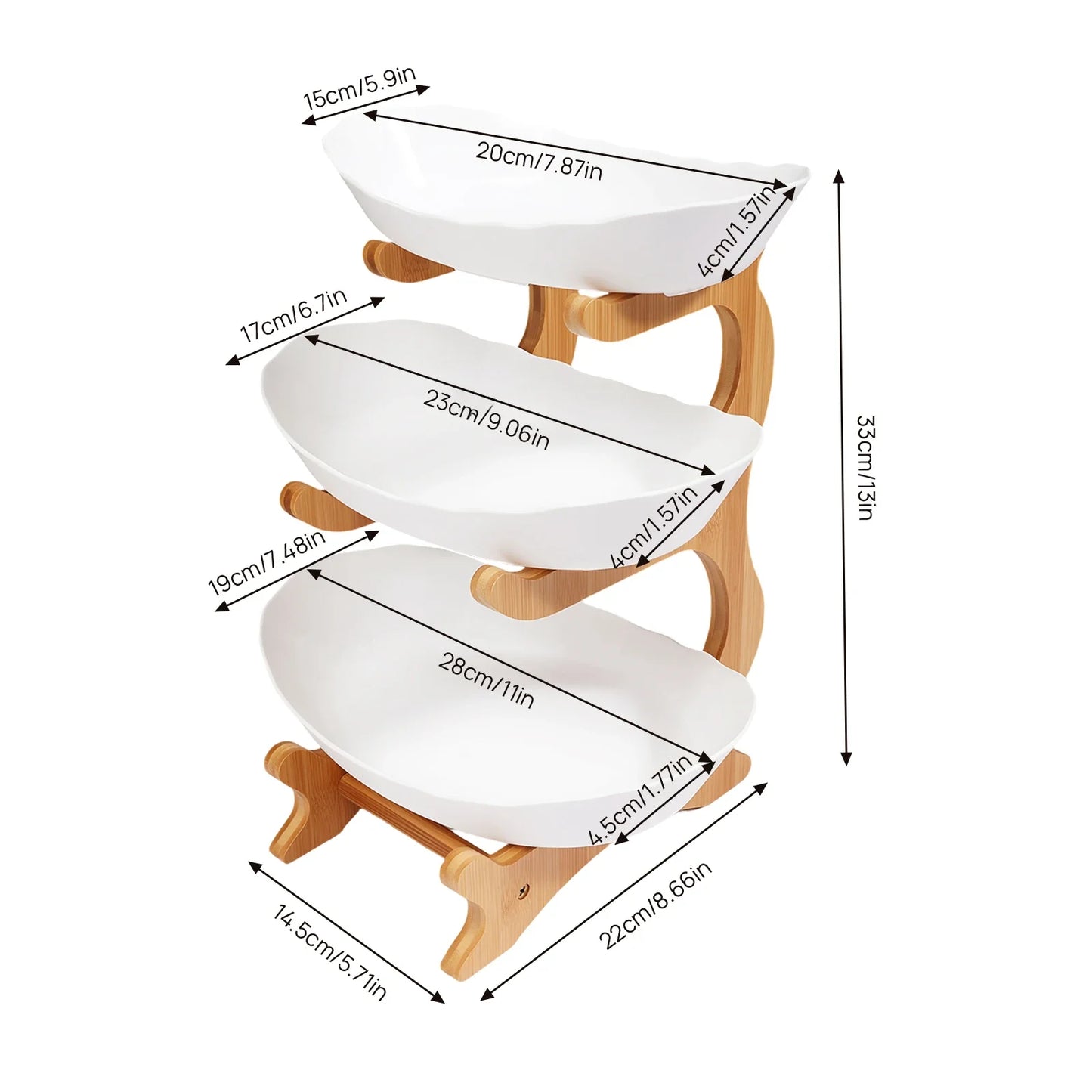 3-Tier Fruit Plate & Dessert Stand with Bamboo Wood Rack