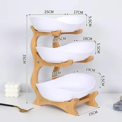 3-Tier Fruit Plate & Dessert Stand with Bamboo Wood Rack