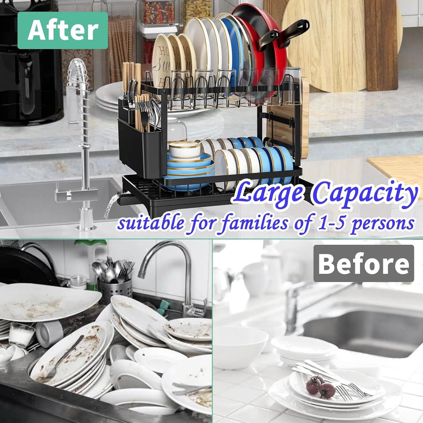 2 Tier Dish Drying Rack with Drip Tray | Countertop Kitchen Organizer