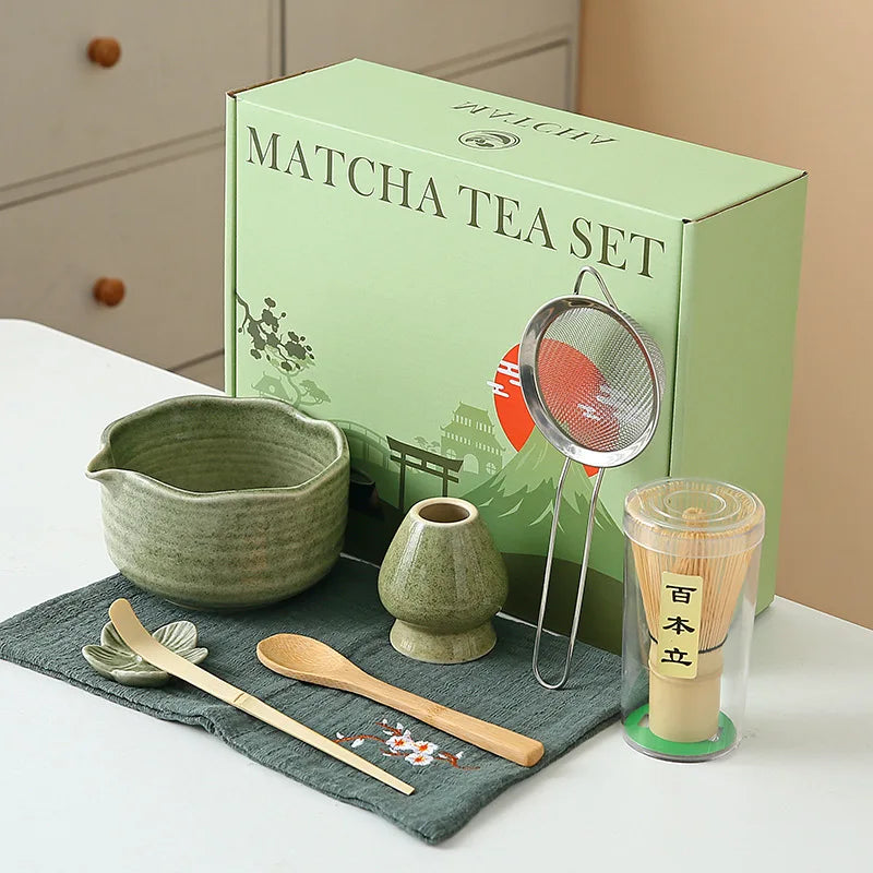 8-Piece Ceramic Matcha Whisk Set | Floral Matcha Tea Gift Set for Matcha Lovers
