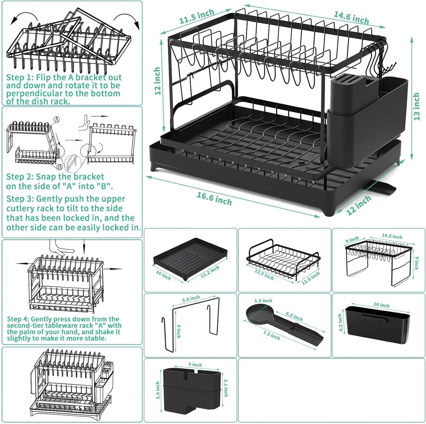2 Tier Dish Drying Rack with Drip Tray | Countertop Kitchen Organizer