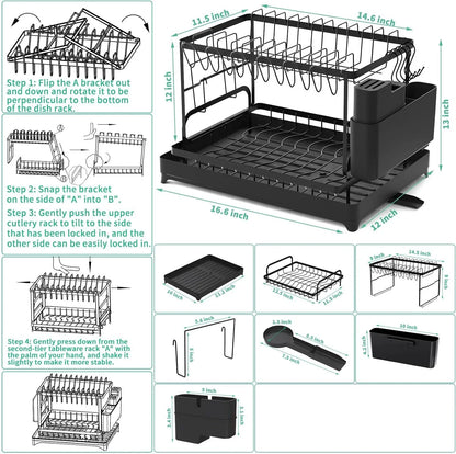 2 Tier Dish Drying Rack with Drip Tray | Countertop Kitchen Organizer